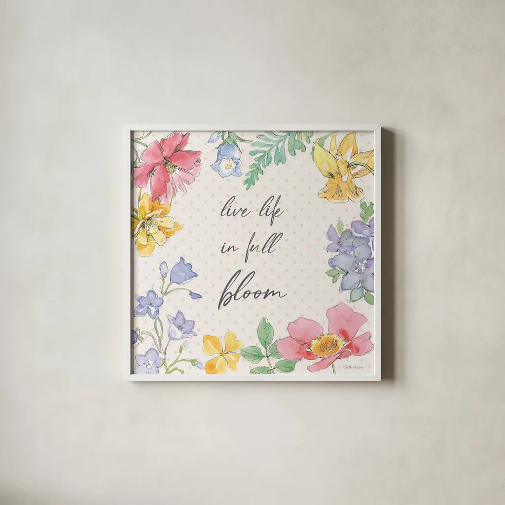 Peaceful Petals X by Beth Grove. Shown in a crisp white glass frame for a clean and minimalist style. Available as an archival giclee rolled canvas, fine art paper, or poster print. SKU 69995a.