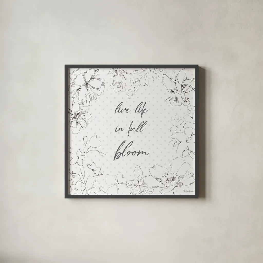 Peaceful Petals X Neutral by Beth Grove. Shown in a sleek black glass frame for a contemporary gallery look. Available as an archival giclee rolled canvas, fine art paper, or poster print. SKU 70005a.