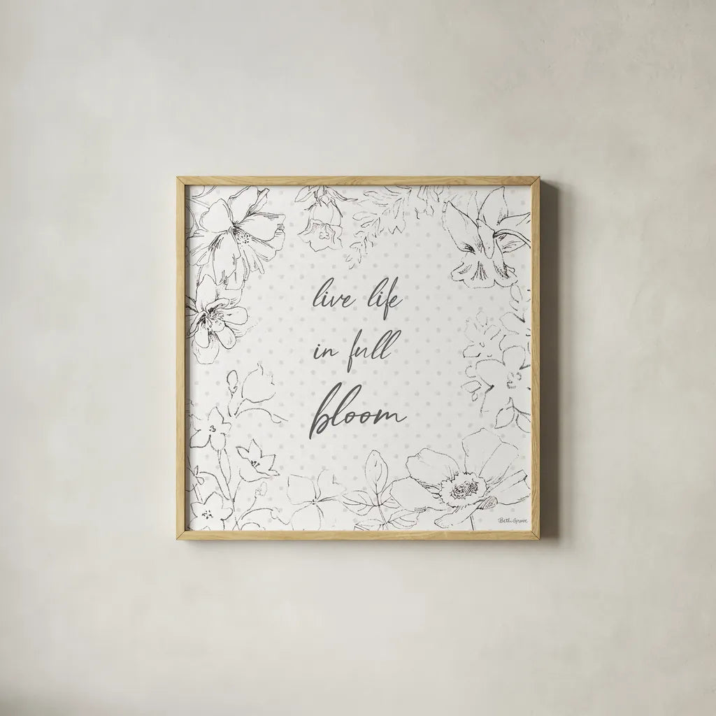 Peaceful Petals X Neutral by Beth Grove. Shown in a natural wood glass frame for a timeless modern aesthetic. Available as an archival giclee rolled canvas, fine art paper, or poster print. SKU 70005a.