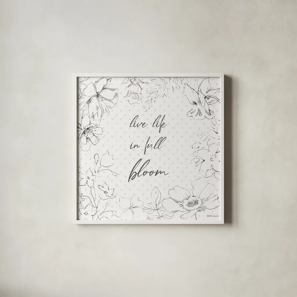 Peaceful Petals X Neutral by Beth Grove. Shown in a crisp white glass frame for a clean and minimalist style. Available as an archival giclee rolled canvas, fine art paper, or poster print. SKU 70005a.