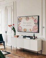 Petal Passion I Soft Boho by Beth Grove. shown as a framed stretched canvas in a living room above a console. Available as a archival giclee rolled canvas, fine art paper, or poster print. SKU 71433i.