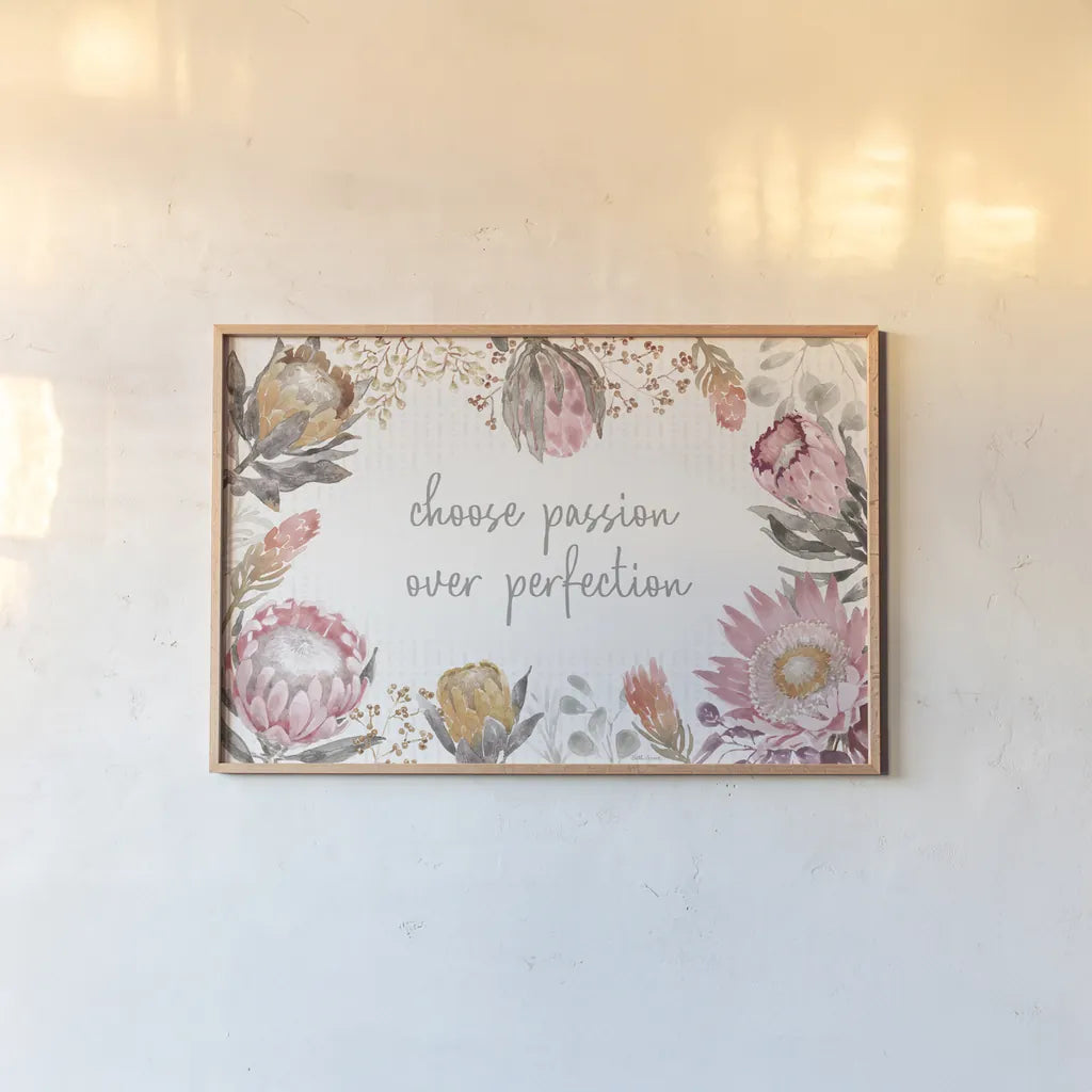 Petal Passion I Soft Boho by Beth Grove. shown as a paper print in a natural frame. Available as a archival giclee rolled canvas, fine art paper, or poster print. SKU 71433i.