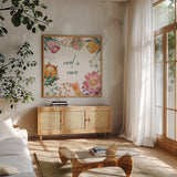 Petal Passion II by Beth Grove. Shown in a natural wood frame in a cozy modern living room. Available as an archival giclee rolled canvas, fine art paper, or poster print. SKU 70841a.