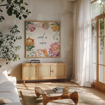 Petal Passion II by Beth Grove. Shown in a natural wood frame in a cozy modern living room. Available as an archival giclee rolled canvas, fine art paper, or poster print. SKU 70841a.