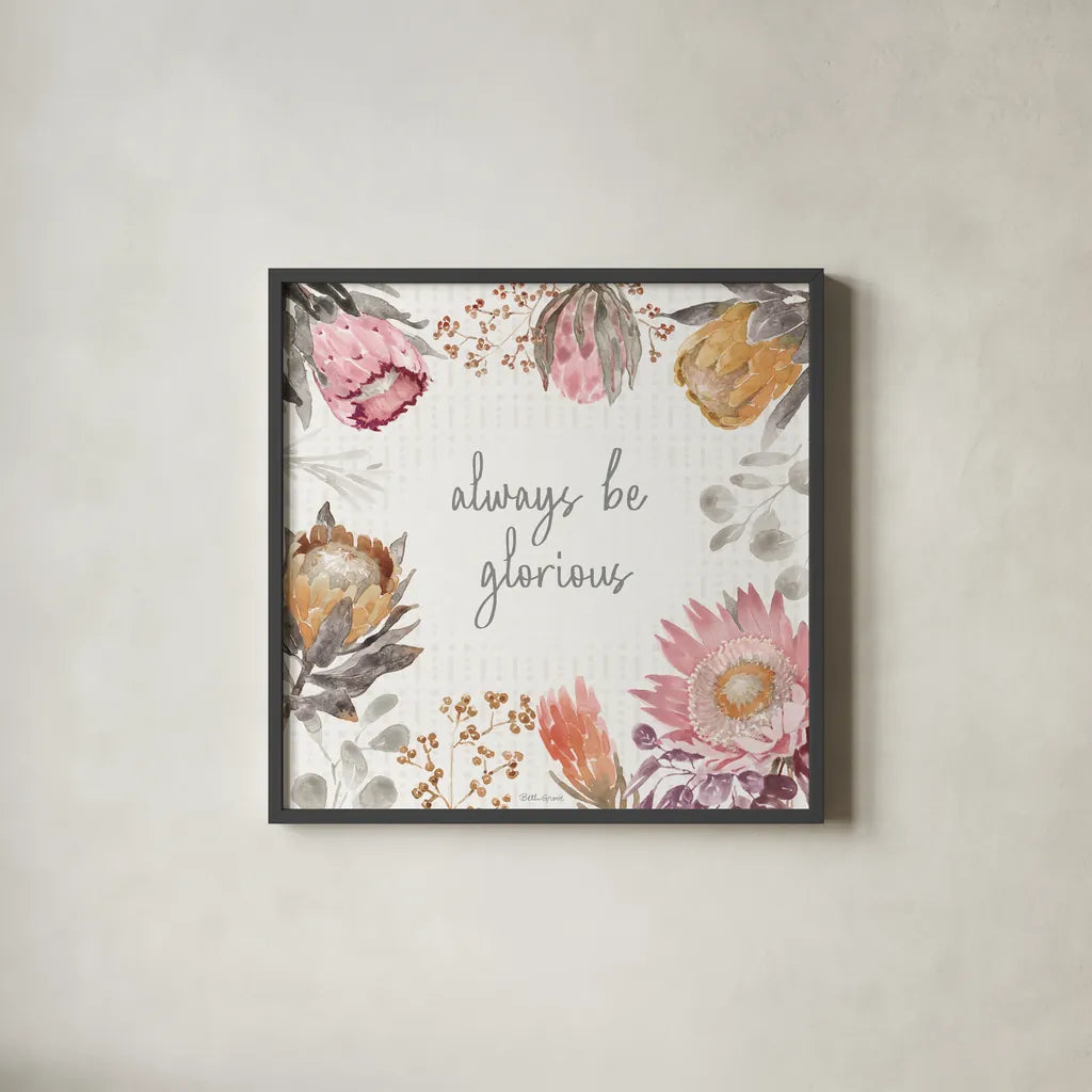 Petal Passion II Soft Boho by Beth Grove. Shown in a sleek black glass frame for a contemporary gallery look. Available as an archival giclee rolled canvas, fine art paper, or poster print. SKU 71434a.