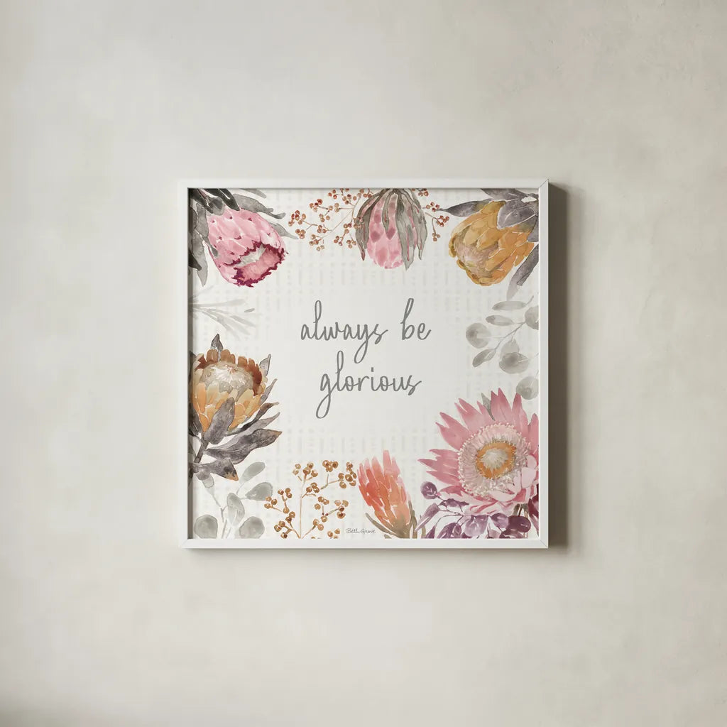 Petal Passion II Soft Boho by Beth Grove. Shown in a crisp white glass frame for a clean and minimalist style. Available as an archival giclee rolled canvas, fine art paper, or poster print. SKU 71434a.