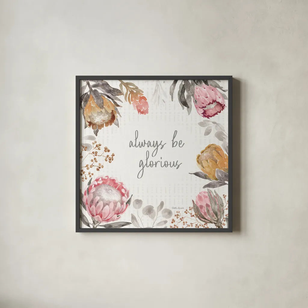 Petal Passion III Soft Boho by Beth Grove. Shown in a sleek black glass frame for a contemporary gallery look. Available as an archival giclee rolled canvas, fine art paper, or poster print. SKU 71435a.