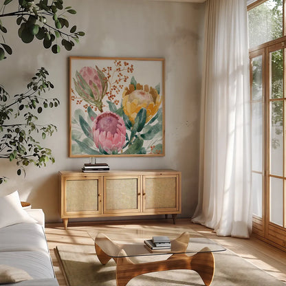 Petal Passion IX by Beth Grove. Shown in a natural wood frame in a cozy modern living room. Available as an archival giclee rolled canvas, fine art paper, or poster print. SKU 70848a.