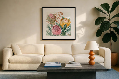 Petal Passion IX by Beth Grove. Displayed in a glass frame with matte in a clean modern living room. Available as an archival giclee rolled canvas, fine art paper, or poster print. SKU 70848a.