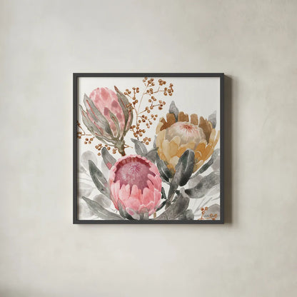 Petal Passion IX Soft Boho by Beth Grove. Shown in a sleek black glass frame for a contemporary gallery look. Available as an archival giclee rolled canvas, fine art paper, or poster print. SKU 71439a.