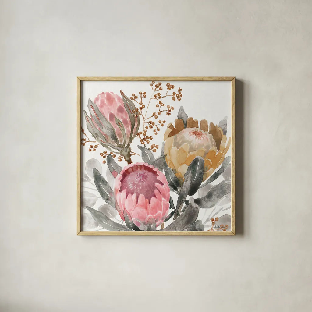 Petal Passion IX Soft Boho by Beth Grove. Shown in a natural wood glass frame for a timeless modern aesthetic. Available as an archival giclee rolled canvas, fine art paper, or poster print. SKU 71439a.