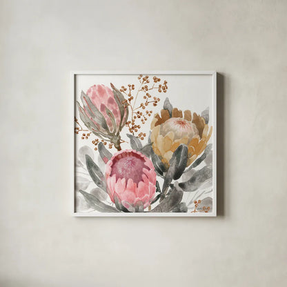 Petal Passion IX Soft Boho by Beth Grove. Shown in a crisp white glass frame for a clean and minimalist style. Available as an archival giclee rolled canvas, fine art paper, or poster print. SKU 71439a.