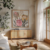 Petal Passion IX Soft Boho by Beth Grove. Shown in a natural wood frame in a cozy modern living room. Available as an archival giclee rolled canvas, fine art paper, or poster print. SKU 71439a.