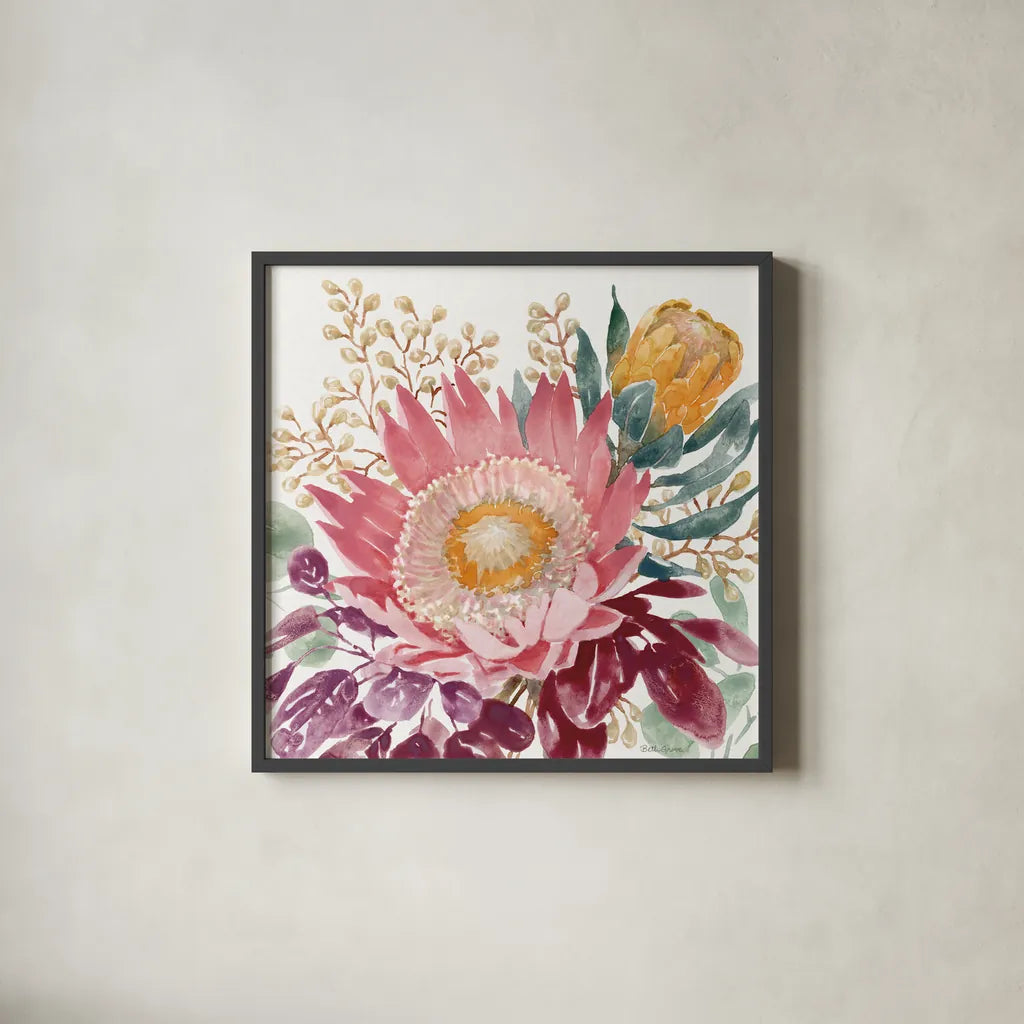 Petal Passion VIII by Beth Grove. Shown in a sleek black glass frame for a contemporary gallery look. Available as an archival giclee rolled canvas, fine art paper, or poster print. SKU 70847a.