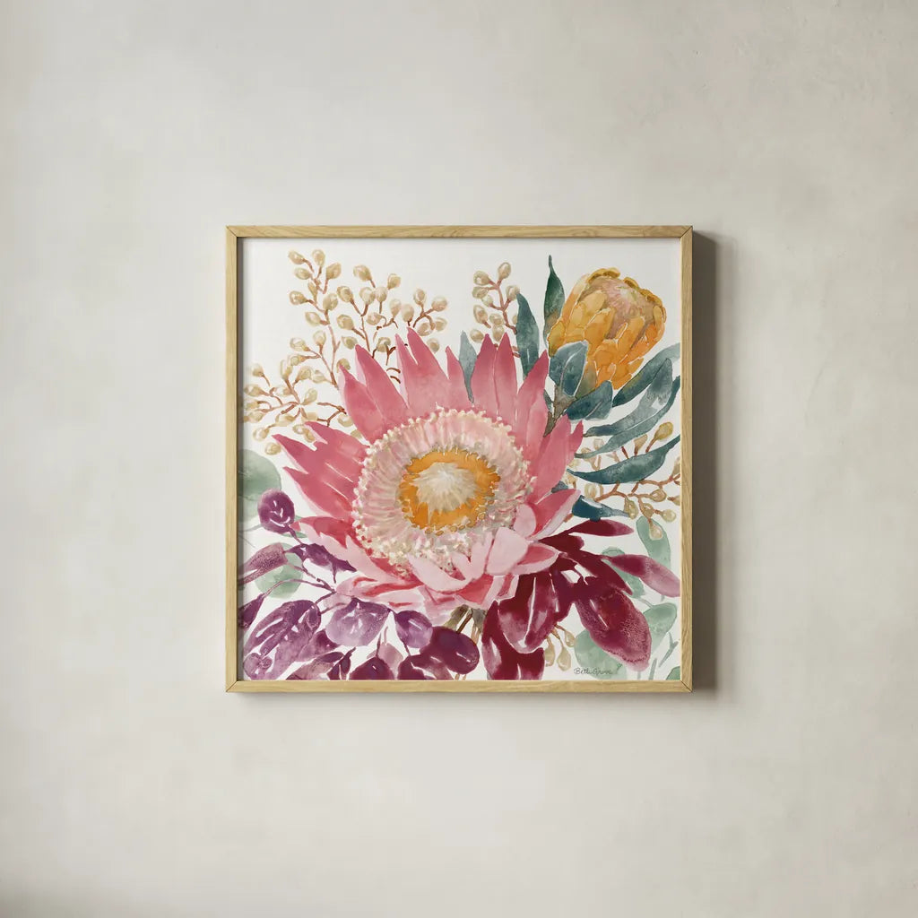 Petal Passion VIII by Beth Grove. Shown in a natural wood glass frame for a timeless modern aesthetic. Available as an archival giclee rolled canvas, fine art paper, or poster print. SKU 70847a.