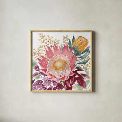 Petal Passion VIII by Beth Grove. Shown in a natural wood glass frame for a timeless modern aesthetic. Available as an archival giclee rolled canvas, fine art paper, or poster print. SKU 70847a.