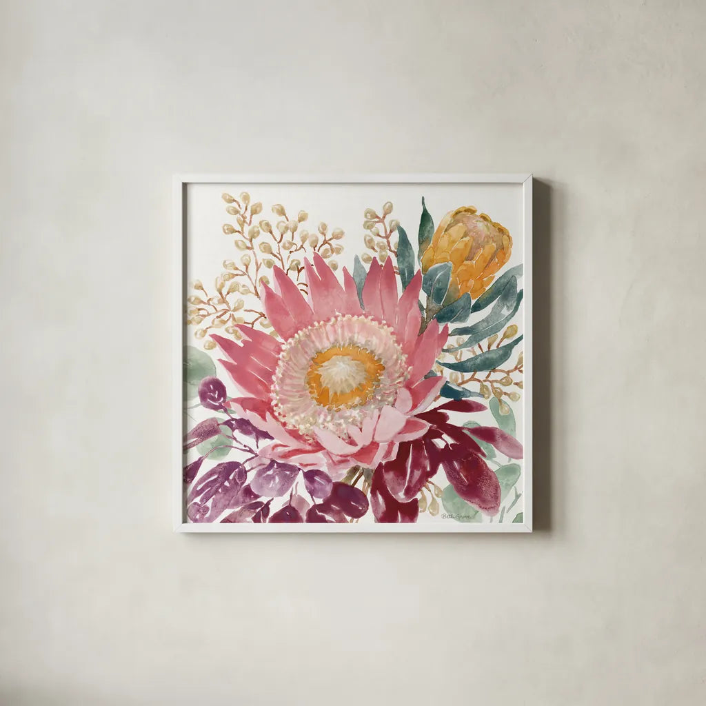 Petal Passion VIII by Beth Grove. Shown in a crisp white glass frame for a clean and minimalist style. Available as an archival giclee rolled canvas, fine art paper, or poster print. SKU 70847a.