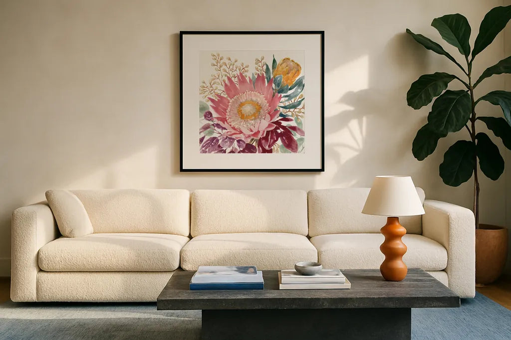 Petal Passion VIII by Beth Grove. Displayed in a glass frame with matte in a clean modern living room. Available as an archival giclee rolled canvas, fine art paper, or poster print. SKU 70847a.