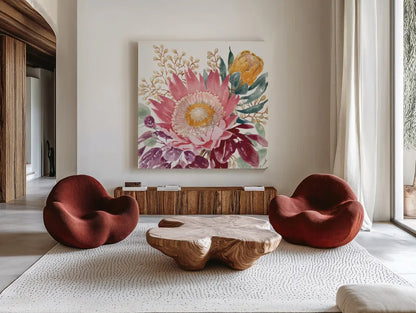 Petal Passion VIII by Beth Grove. Shown as extra-large giant wall art in a modern living room. Available as an archival giclee rolled canvas, fine art paper, or poster print. SKU 70847a.