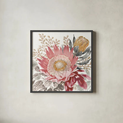 Petal Passion VIII Soft Boho by Beth Grove. Shown in a sleek black glass frame for a contemporary gallery look. Available as an archival giclee rolled canvas, fine art paper, or poster print. SKU 71438a.