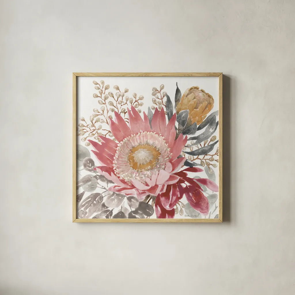 Petal Passion VIII Soft Boho by Beth Grove. Shown in a natural wood glass frame for a timeless modern aesthetic. Available as an archival giclee rolled canvas, fine art paper, or poster print. SKU 71438a.