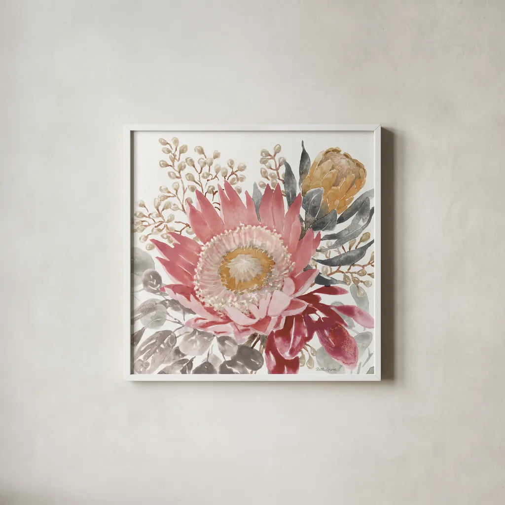 Petal Passion VIII Soft Boho by Beth Grove. Shown in a crisp white glass frame for a clean and minimalist style. Available as an archival giclee rolled canvas, fine art paper, or poster print. SKU 71438a.