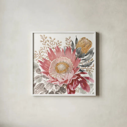 Petal Passion VIII Soft Boho by Beth Grove. Shown in a crisp white glass frame for a clean and minimalist style. Available as an archival giclee rolled canvas, fine art paper, or poster print. SKU 71438a.