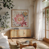 Petal Passion VIII Soft Boho by Beth Grove. Shown in a natural wood frame in a cozy modern living room. Available as an archival giclee rolled canvas, fine art paper, or poster print. SKU 71438a.