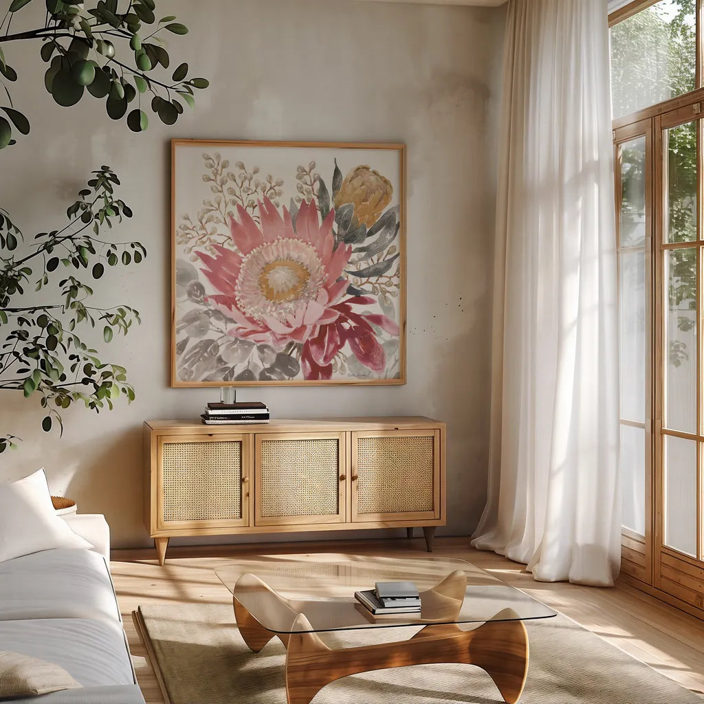 Petal Passion VIII Soft Boho by Beth Grove. Shown in a natural wood frame in a cozy modern living room. Available as an archival giclee rolled canvas, fine art paper, or poster print. SKU 71438a.