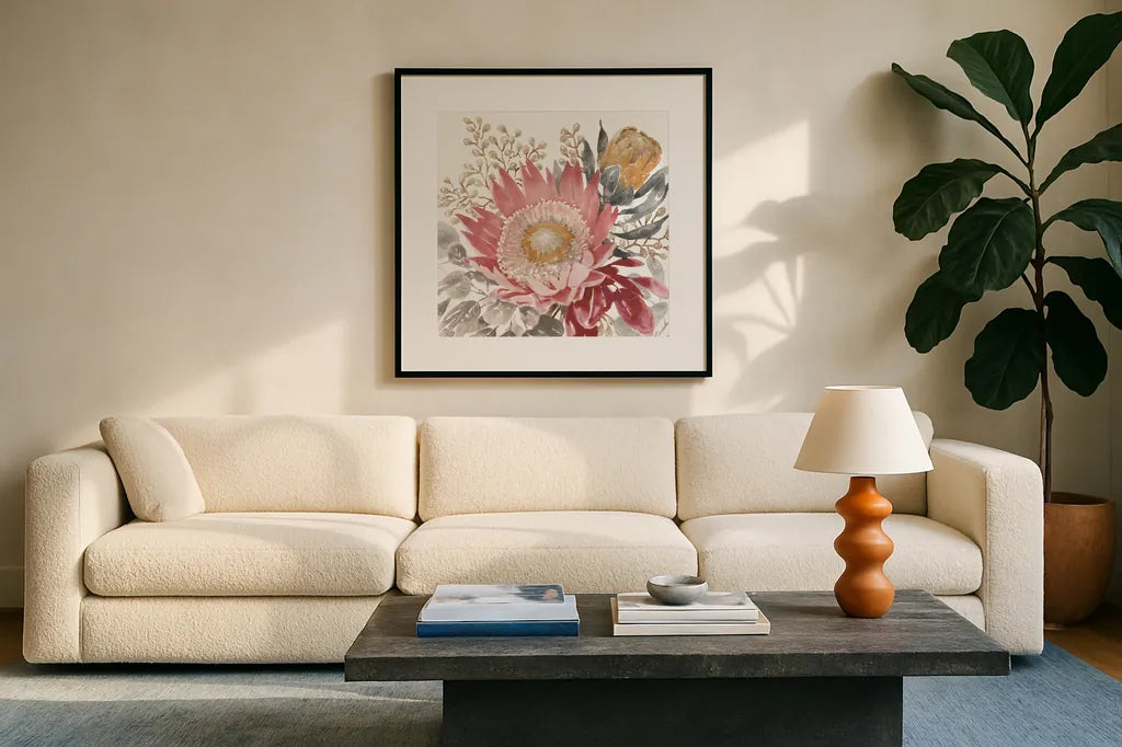Petal Passion VIII Soft Boho by Beth Grove. Displayed in a glass frame with matte in a clean modern living room. Available as an archival giclee rolled canvas, fine art paper, or poster print. SKU 71438a.