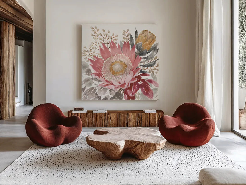 Petal Passion VIII Soft Boho by Beth Grove. Shown as extra-large giant wall art in a modern living room. Available as an archival giclee rolled canvas, fine art paper, or poster print. SKU 71438a.