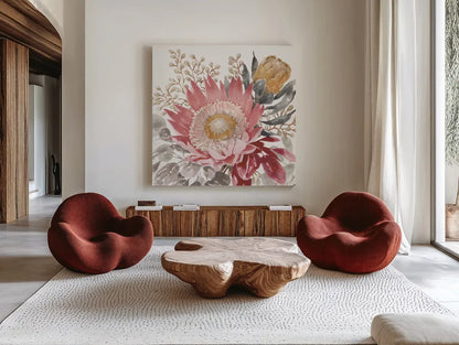 Petal Passion VIII Soft Boho by Beth Grove. Shown as extra-large giant wall art in a modern living room. Available as an archival giclee rolled canvas, fine art paper, or poster print. SKU 71438a.