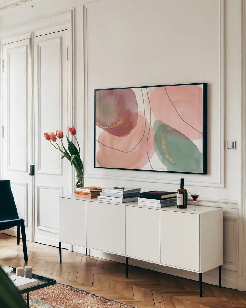 Petal Passion X by Beth Grove. shown as a framed stretched canvas in a living room above a console. Available as a archival giclee rolled canvas, fine art paper, or poster print. SKU 70849i.