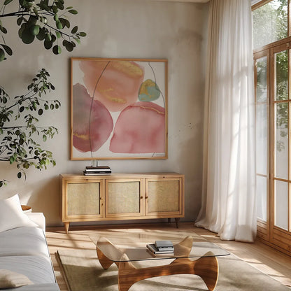 Petal Passion XI by Beth Grove. Shown in a natural wood frame in a cozy modern living room. Available as an archival giclee rolled canvas, fine art paper, or poster print. SKU 70850a.