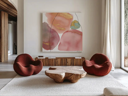 Petal Passion XI by Beth Grove. Shown as extra-large giant wall art in a modern living room. Available as an archival giclee rolled canvas, fine art paper, or poster print. SKU 70850a.