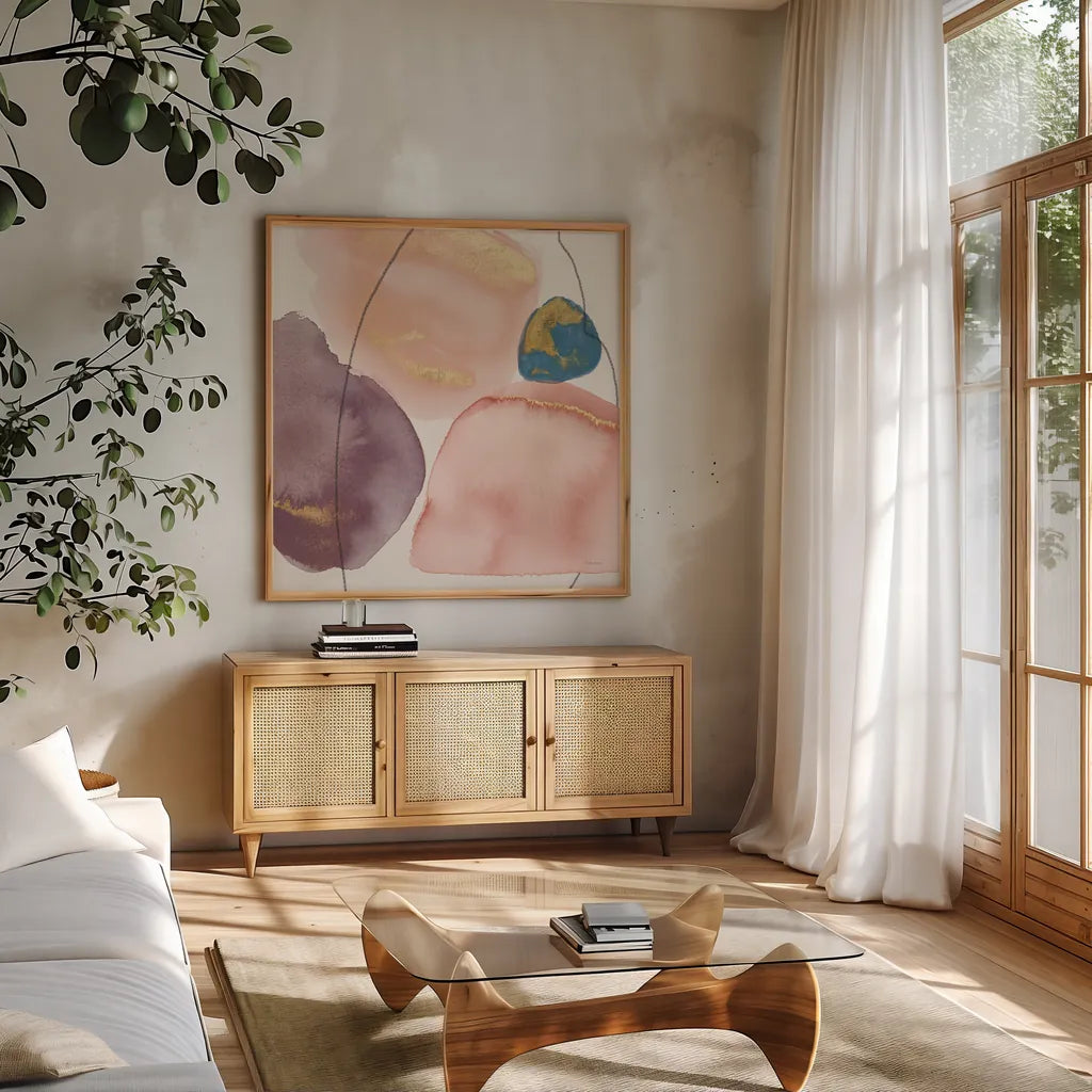 Petal Passion XI Eventide by Beth Grove. Shown in a natural wood frame in a cozy modern living room. Available as an archival giclee rolled canvas, fine art paper, or poster print. SKU 70974a.