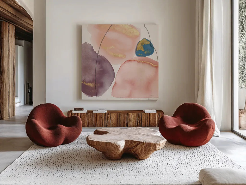 Petal Passion XI Eventide by Beth Grove. Shown as extra-large giant wall art in a modern living room. Available as an archival giclee rolled canvas, fine art paper, or poster print. SKU 70974a.