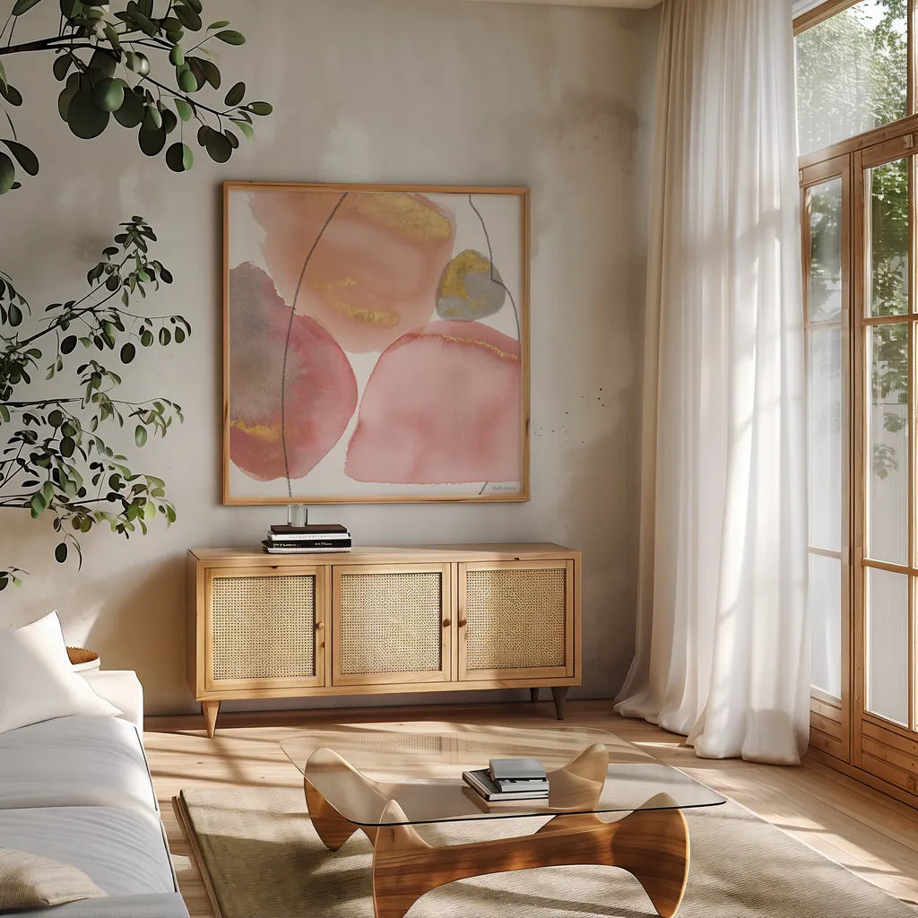 Petal Passion XI Soft Boho by Beth Grove. Shown in a natural wood frame in a cozy modern living room. Available as an archival giclee rolled canvas, fine art paper, or poster print. SKU 71441a.