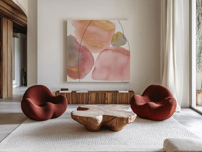 Petal Passion XI Soft Boho by Beth Grove. Shown as extra-large giant wall art in a modern living room. Available as an archival giclee rolled canvas, fine art paper, or poster print. SKU 71441a.