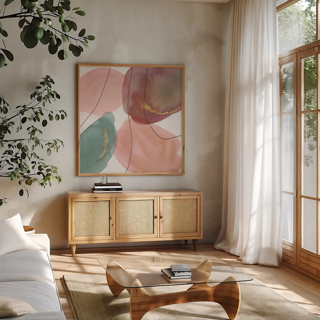 Petal Passion XII by Beth Grove. Shown in a natural wood frame in a cozy modern living room. Available as an archival giclee rolled canvas, fine art paper, or poster print. SKU 70851a.