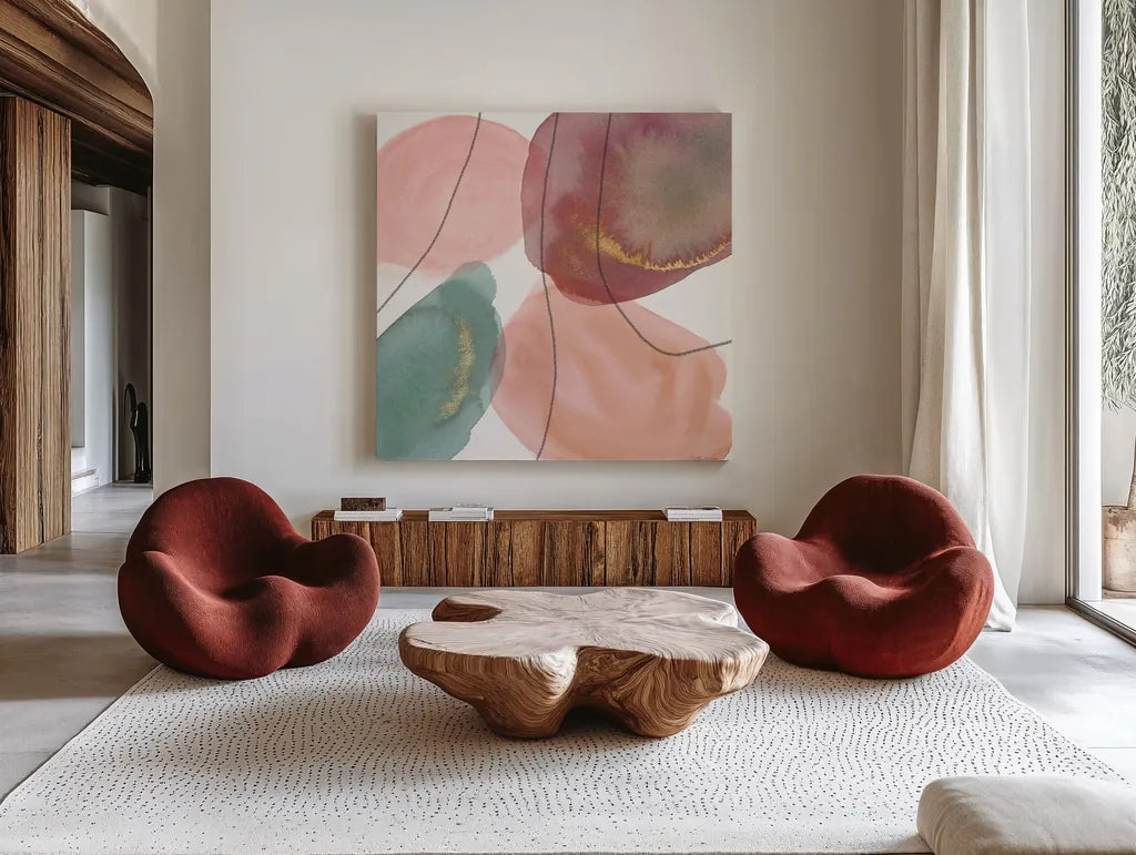 Petal Passion XII by Beth Grove. Shown as extra-large giant wall art in a modern living room. Available as an archival giclee rolled canvas, fine art paper, or poster print. SKU 70851a.
