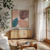 Petal Passion XII Eventide by Beth Grove. Shown in a natural wood frame in a cozy modern living room. Available as an archival giclee rolled canvas, fine art paper, or poster print. SKU 70975a.