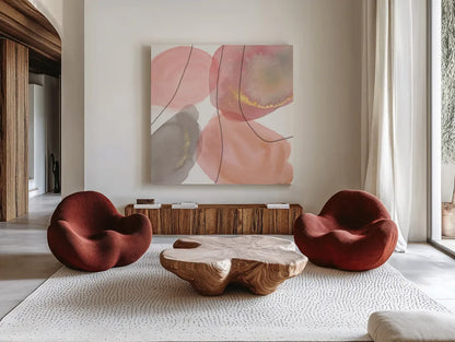 Petal Passion XII Soft Boho by Beth Grove. Shown as extra-large giant wall art in a modern living room. Available as an archival giclee rolled canvas, fine art paper, or poster print. SKU 71442a.