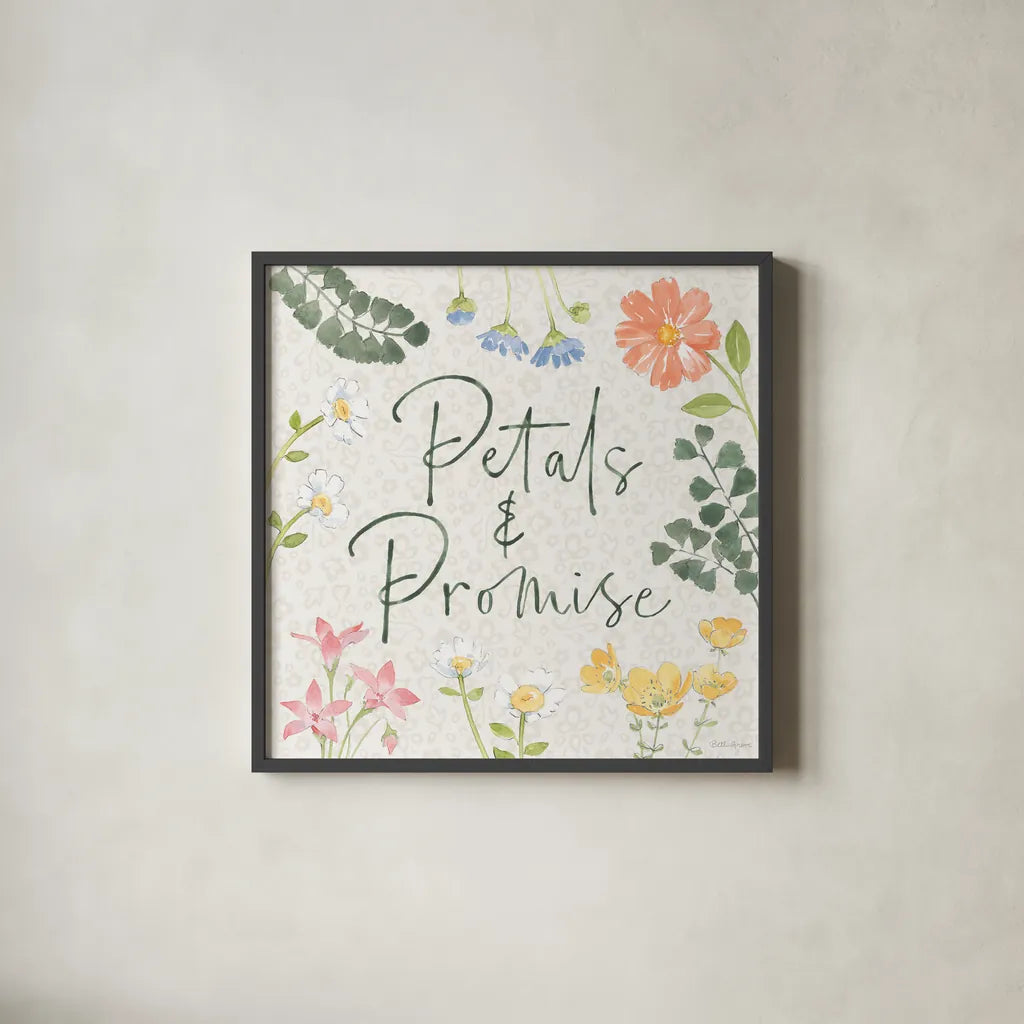 Petals and Promise V by Beth Grove. Shown in a sleek black glass frame for a contemporary gallery look. Available as an archival giclee rolled canvas, fine art paper, or poster print. SKU 102050a.