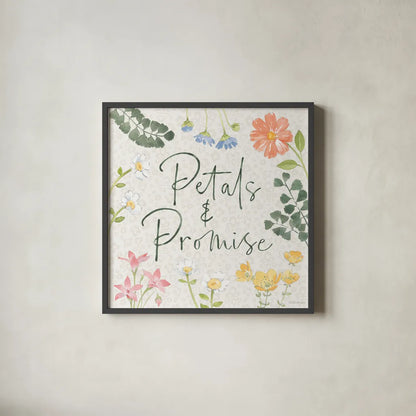 Petals and Promise V by Beth Grove. Shown in a sleek black glass frame for a contemporary gallery look. Available as an archival giclee rolled canvas, fine art paper, or poster print. SKU 102050a.