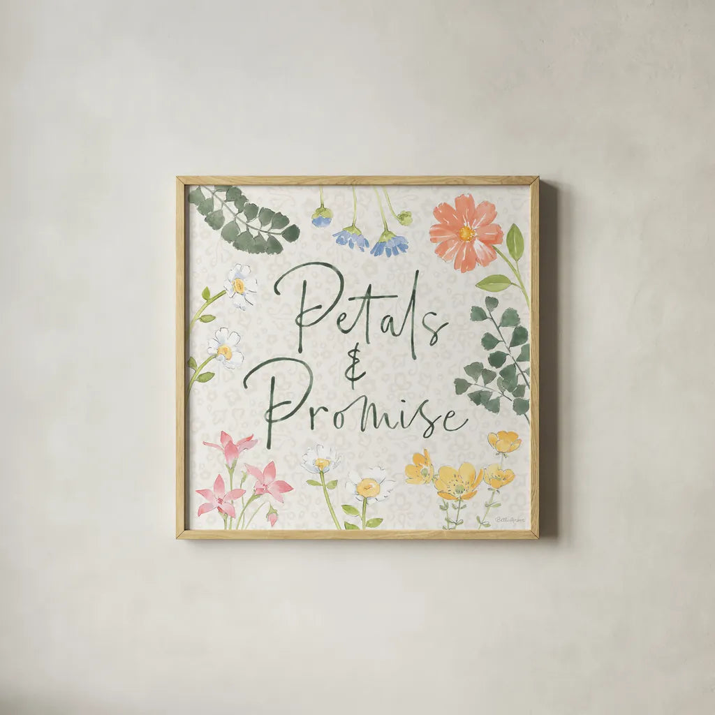 Petals and Promise V by Beth Grove. Shown in a natural wood glass frame for a timeless modern aesthetic. Available as an archival giclee rolled canvas, fine art paper, or poster print. SKU 102050a.