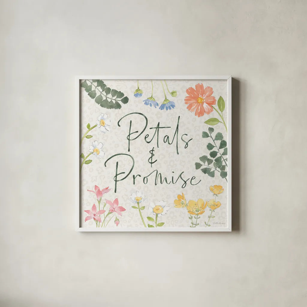 Petals and Promise V by Beth Grove. Shown in a crisp white glass frame for a clean and minimalist style. Available as an archival giclee rolled canvas, fine art paper, or poster print. SKU 102050a.