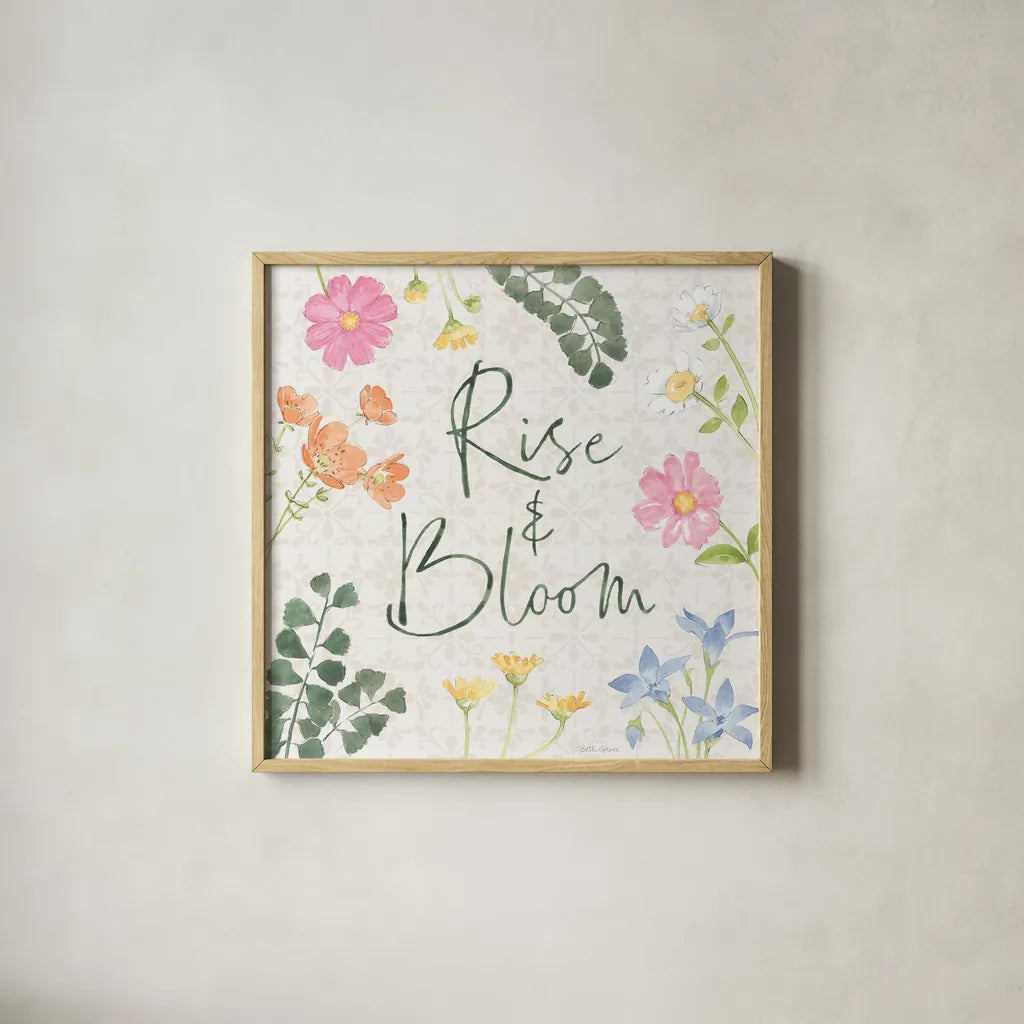 Petals and Promise VI by Beth Grove. Shown in a natural wood glass frame for a timeless modern aesthetic. Available as an archival giclee rolled canvas, fine art paper, or poster print. SKU 102051a.