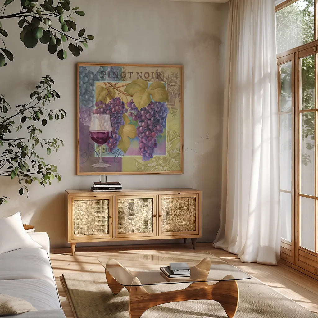 Pinot Noir by Beth Grove. Shown in a natural wood frame in a cozy modern living room. Available as an archival giclee rolled canvas, fine art paper, or poster print. SKU 29648a.