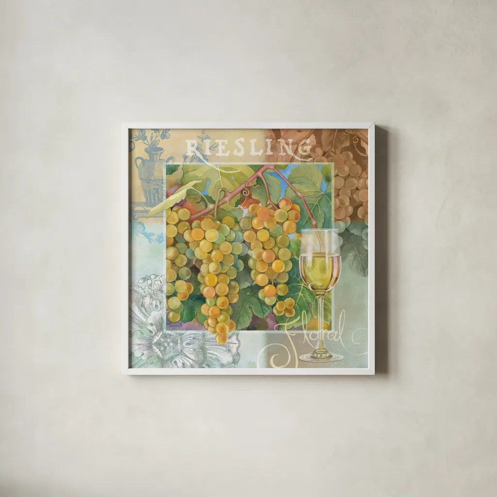 Riesling by Beth Grove. Shown in a crisp white glass frame for a clean and minimalist style. Available as an archival giclee rolled canvas, fine art paper, or poster print. SKU 29647a.